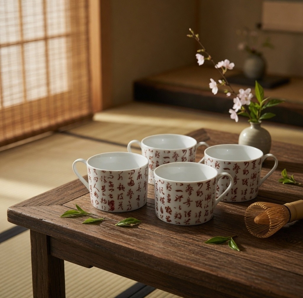 Vintage Chinese 4pc Ceramic Tea Mug Set Red Calligraphy White 3.5" Excellent